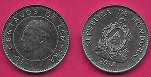HONDURAS 50 CENTAVOS 2014 UNC HONDURAS COAT OF ARMS,(magnetic) STATE NAME IN FUL - Picture 1 of 1