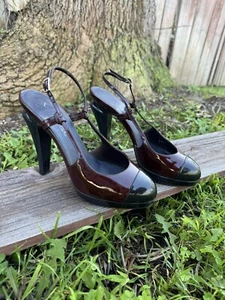 Chanel Black/ Burgundy ❤️🔥 Patent Leather Slingback Spectator Cap Pumps 38 - Picture 1 of 13
