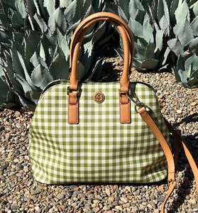 TORY BURCH KERRINGTON DOME SATCHEL HANDBAG PURSE GREEN WHITE GINGHAM CHECK - Picture 1 of 12