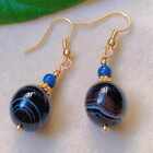 Fashion Blue Round Banded Agate Lapis Lazuli Bead Gold Earrings Teens Gemstone