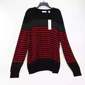 Calvin Klein Mens Pullover Sweater Red Black Crew Neck Stripe Long Sleeve XXL - Picture 1 of 7