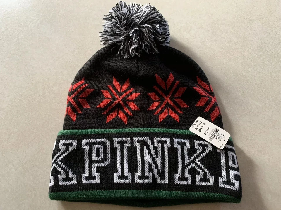 Victoria's Secret Pink Black Holiday Knit 2017 Limited Beanie Cap Hat