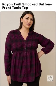 Torrid Viskose Twill gesmokte Tunika mit Knopfleiste Größe 1 lila kariert hoher niedriger Rücken - Bild 1 von 6