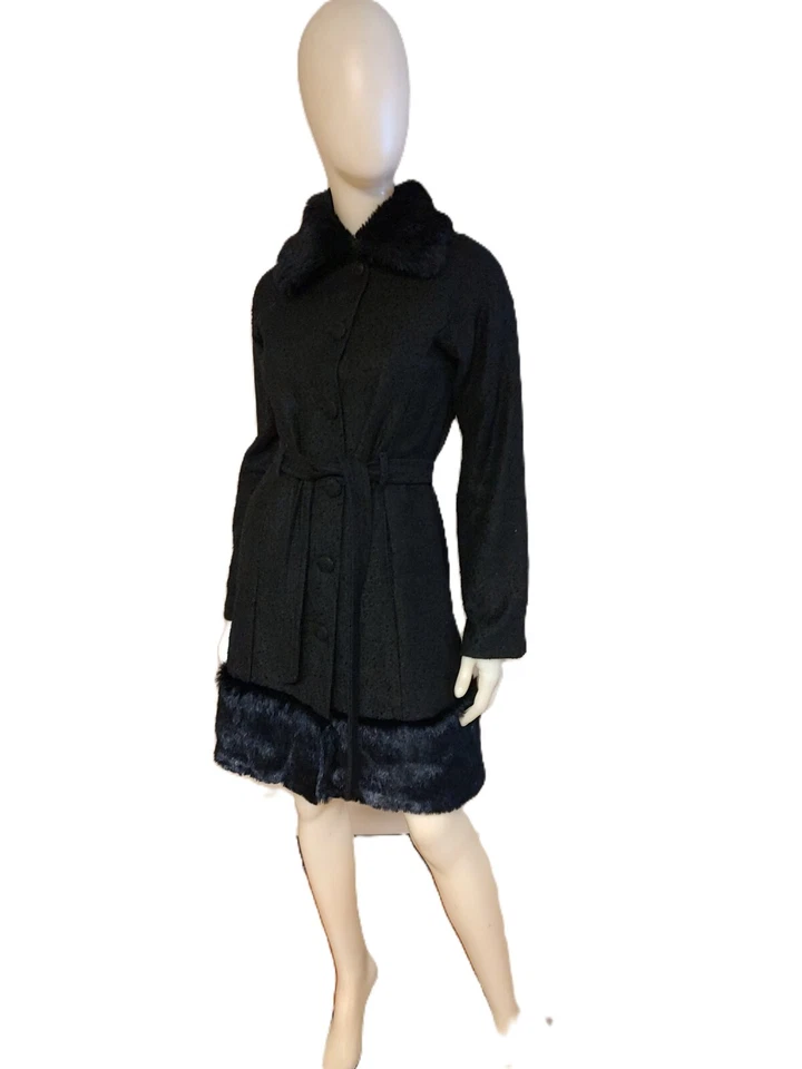 CARRIE ALLEN Black Cotton Blend Faux Fur Trim Coat-S - Image 1 of 4