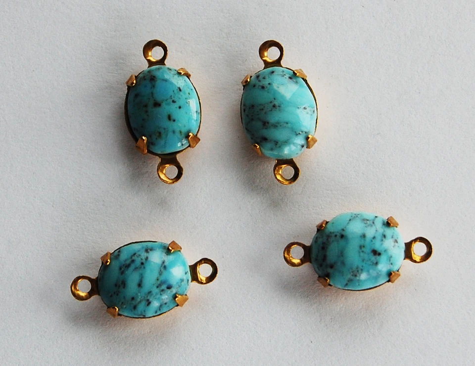 VINTAGE 4 turquoise matrix GLASS OVAL CONNECTOR BEADS •  8x10mm BUFF TOP - Image 1 of 1