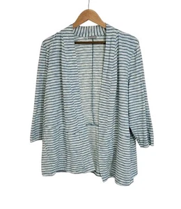 T by Talbots Teal Blue Stripe Cotton Blend 3/4 Sleeve Open Front Cardigan - Picture 1 of 6