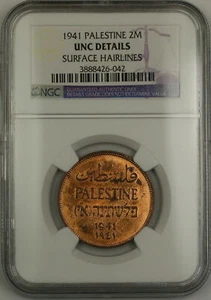 1941 Palestine 2m Two Mils Coin NGC UNC Details Surface Hairlines (Red) - Picture 1 of 2