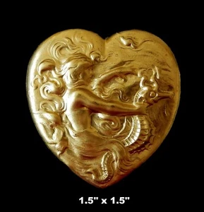 Mermaid Riding Sea Horse/Ornate Heart /Vintage design/Raw Brass Stamping - Picture 1 of 3