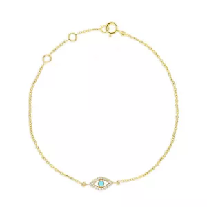 CIONDOLO VERO DIAMANTE E GEMMA TURCHESE OCCHIO MALVAGIO ORO 14K FINE - Foto 1 di 7