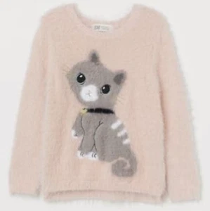 H&M Fluffy Pink Pullover Cat Themed with Heart Charm for Girls Size 6-8Y - Picture 1 of 3
