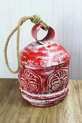 Campana grande de metal rojo blanco con percha de cuerda de madera India Foto 1 de 4