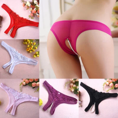 Sexy Women Lace Crotchles Thong G-string Pearl Panties Lingerie Underwear T-ba ⑨ - Image 1 of 4
