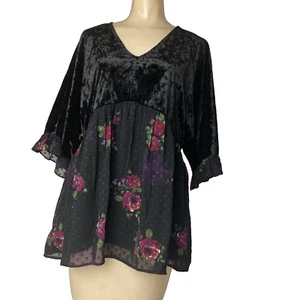 DR2 Whimsigoth Black Floral Burnout Babydoll Velvet Women Top Large V-neck - Picture 1 of 13