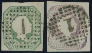 PORTUGAL 1855, 50 R. gelbgrün und 100 R. lila, Nummernstempel 1, 2 Prachtwerte,  - Bild 1 von 1