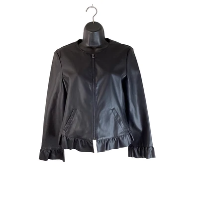 Chaqueta de cuero sintético Ann Taylor para mujer negra lisa cremallera completa cuello falso con volantes 4 Foto 1 de 4