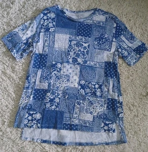 Camiseta Top Woman Within Azul Blanco Patchwork 14/16 Algodón Boho Manga Corta - Imagen 1 de 6