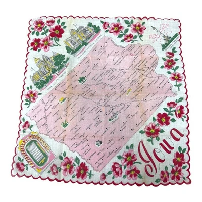 Vtg Retro Ladies Hankie Handkerchief Scalloped Edge Hibiscus Iowa State Map READ - Image 1 of 4