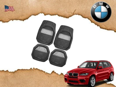 适用于所有宝马汽车脚垫前后 4 件套橡胶黑色带银色 — 第 1/4 张图片