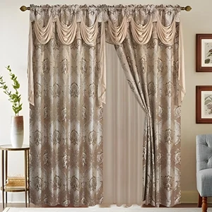 Jacquard Window Curtain Drapes - Attached Valance Scarf, Sheer Backing, 2 Tas... - Bild 1 von 7