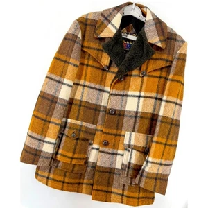 Vtg HIS Sportswear Wool Blend Coat Mens 38L Mackinaw Plaid Brown Thick Warm - Picture 1 of 15