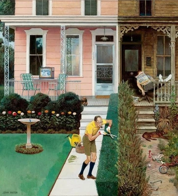 John Falter : Neighbors : Sunday Gardening : Mid-Century Americana Humor Print - Image 1 of 2