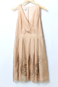 Vestido Kay Unger Nueva York 100% Seda Dorado Talla 10 Sin Mangas Cóctel Boda - Imagen 1 de 15