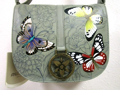 Bandolera Anuschka Cuero Sillín Pequeña Taupe Mariposa Jardín Pintado a Mano Foto 1 de 4