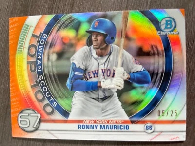 2020 Bowman Chrome Ronny Mauricio #BTP-67 Scouts Top 100 Orange Refractor /25 - Image 1 of 2