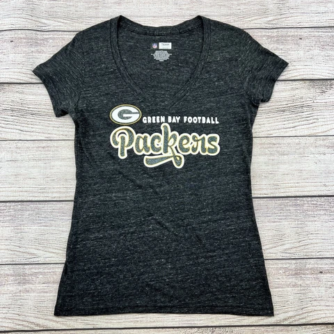 Green Bay Packers Shirt Womens Medium Gray V Neck Glitter Spell Out NFL Football Cover