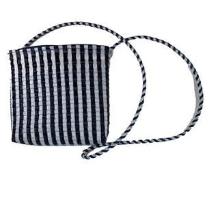 Vintage 1950s Blue and White Cross Body Vinyl Cord Woven Purse 23" Strap Drop - Picture 1 of 14