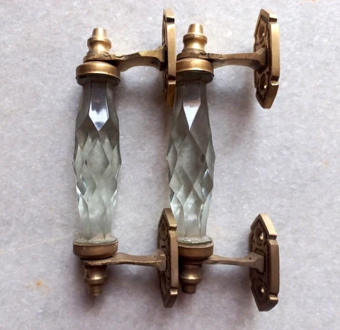 	 Vintage Look Brass Clear Victorian Cut Glass 2 Pc Pull Push Door Drawer Handle Cover