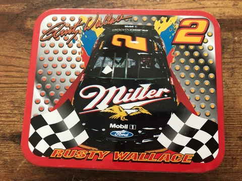 Sweet RUSTY WALLACE #2 Miller Leather Mens Wallet w/ Tin NASCAR Cover