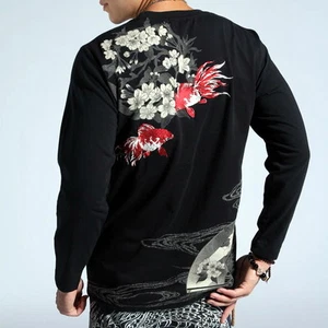 Mens Long Sleeve T-Shirt Japanese Pattern Embroidery Ukiyoe Red Goldfish Unisex - Picture 1 of 14