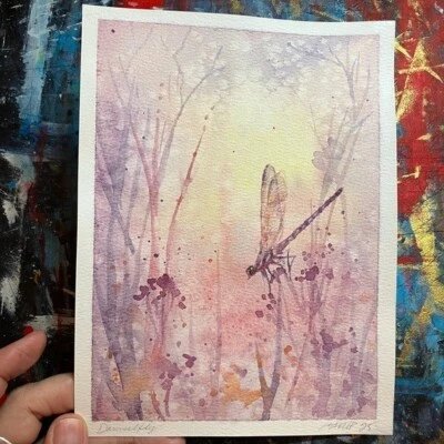 Pintura Original Libélula Puesta de Sol Acuarela NUEVO Arte Naturaleza Insecto Artettina Foto 1 de 4