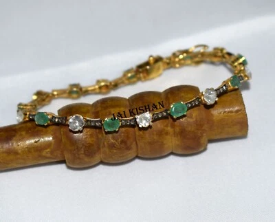 Smaragd Edelstein Polki Uncut Pflastern Diamant 925 Sterlingsilber 17.8cm Band - Bild 1 von 4