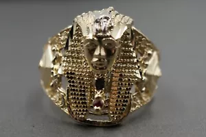 Anillo de banda de esfinge egipcio faraón de oro amarillo liso de 10 K con corte de diamantes. Talla 10,5 - Imagen 1 de 9