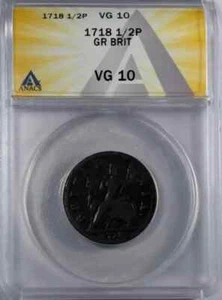 1718 Great Britain Copper 1/2 PENNY ANACS VG-10 - Picture 1 of 4
