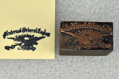 Bloque de impresión tipográfica de cobre y madera FOE Fraternal Order of Eagles de colección Foto 1 de 4