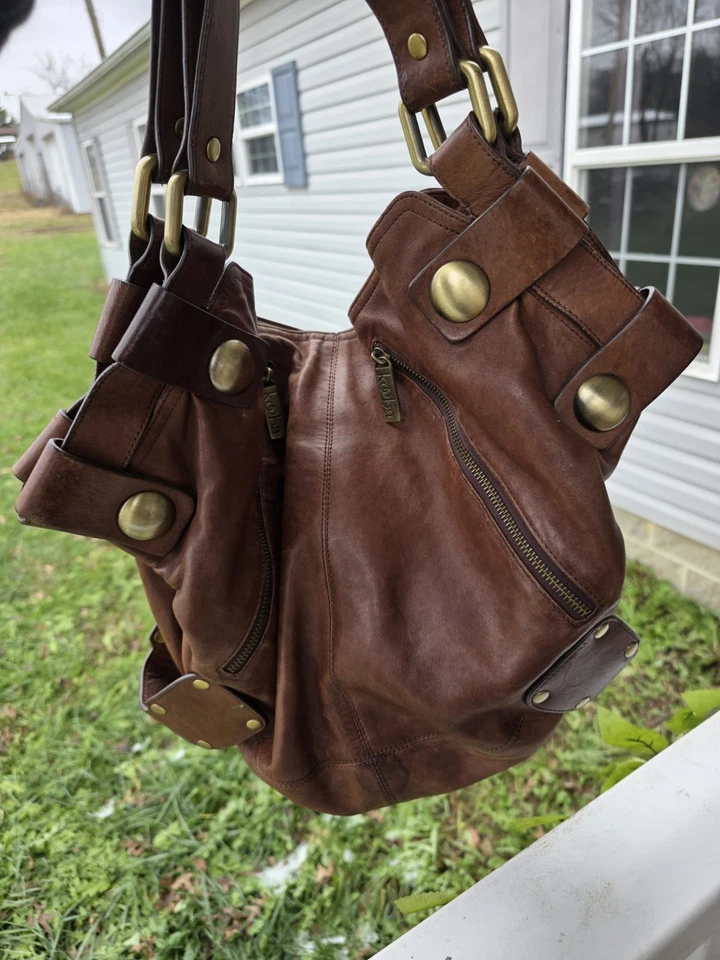 Bolso de Hombro Kooba Cuero Marrón Hobo Grunge Doble Correa Bolso de Mano Envejecido Foto 1 de 4