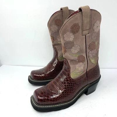 Botas de vaqueira Ariat femininas tamanho 7 estampa de cobra floral marrom couro extravagante pré-próprias - Imagem 1 de 4