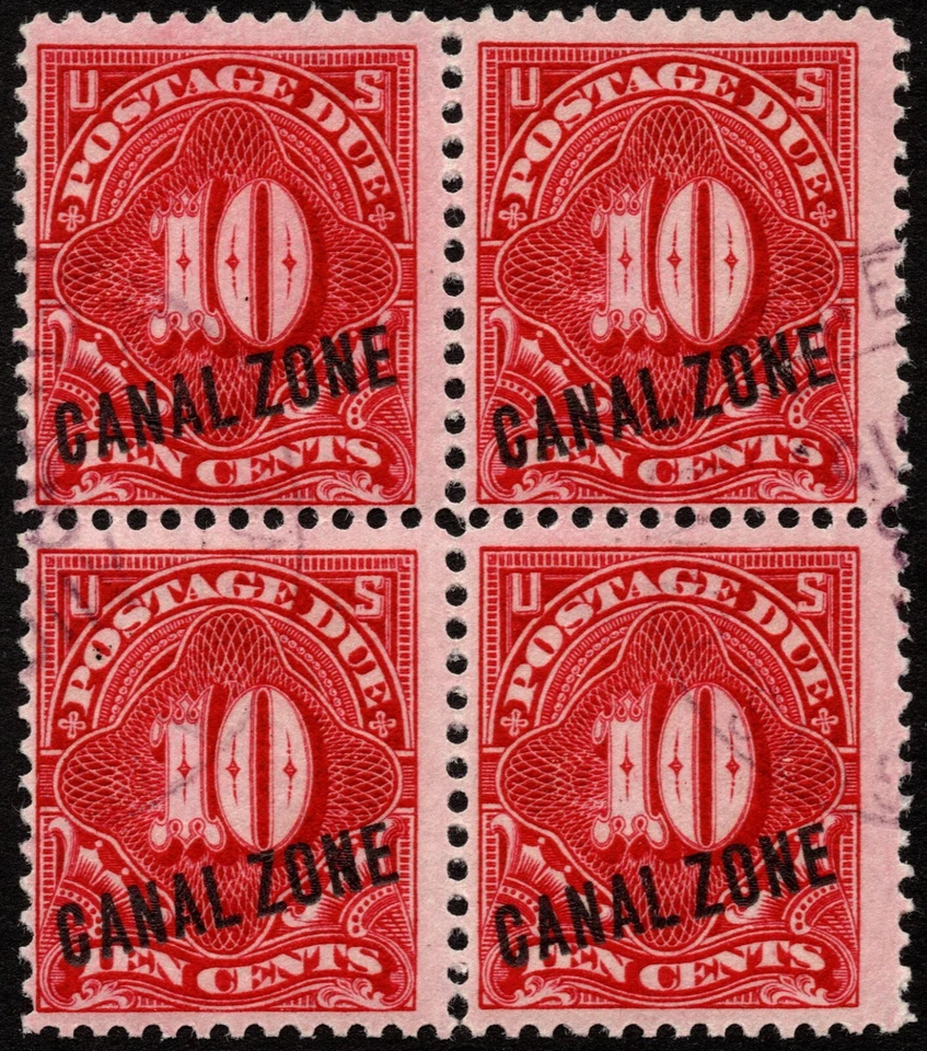 Canal Zone Stamp Scott # J3 Block of 4 Used - 10 Cents Carmine Rose Postage Due - Image 1 of 1