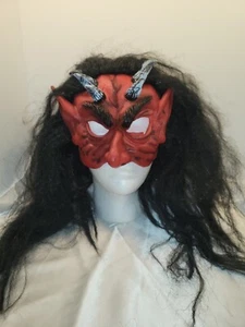 Halloween Red Horned Devil Black Hair 1/2 Face Mask - Picture 1 of 7