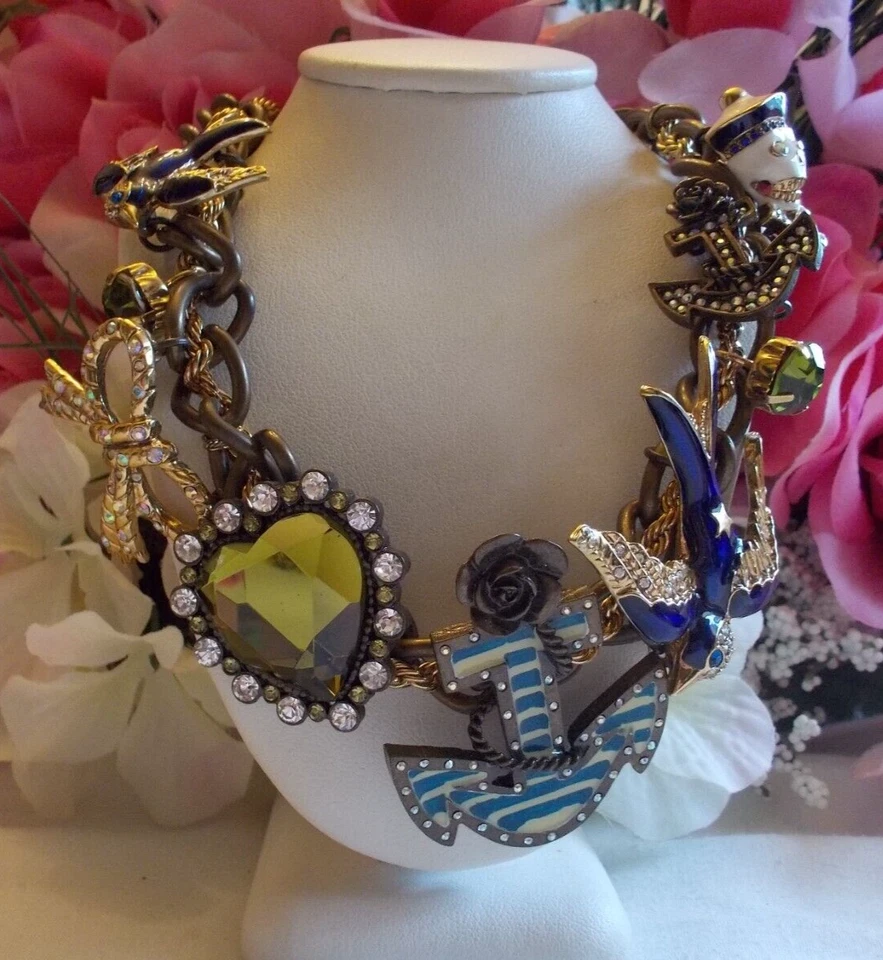 BETSEY JOHNSON RARE VINTAGE "FLY WITH ME" MULTLCHARM  CHOKER STATEMENT NECKLACE - Image 1 of 4