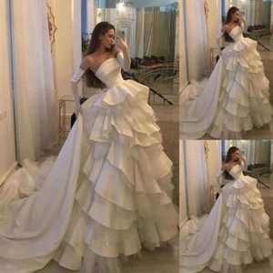 White Ivory Wedding Dresses Satin A-Line Sleeveless Princess Fringed Bridal Gown - Picture 1 of 8