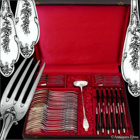Debain Henin French Sterling Silver Dinner Flatware Set 49 Pc, Box, Flowers Cover