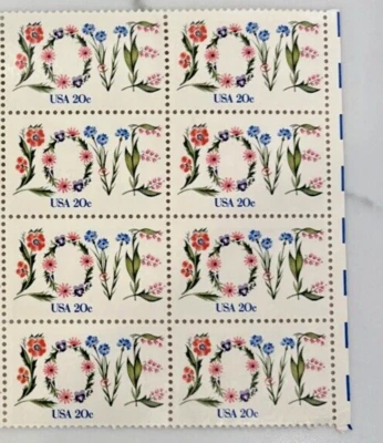 Floral Love Flowers Plate Block 8 US Postage Stamps 20 cent MNH Scotts 1951 - Image 1 of 2