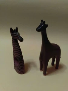 Vintage Lot of 2 Giraffe and Zebra Figure Wooden Hand Carved wild animals - Picture 1 of 12