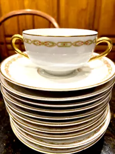 Set of 10 B & Co Limoges L Bernardaud 2 Handled Bouillon Tea Cups & Saucers - Picture 1 of 15