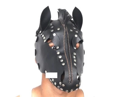 Máscara de brincar de pônei com capuz couro de vaca para animais de estimação NOVA nunca usada bondage BDSM fetiche torção - Imagem 1 de 4