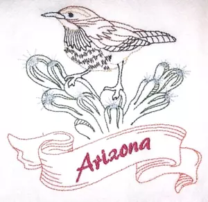 STAATSVOGEL-ARIZONA-KAKTUS ZAUNKÖNIG MASCHINE BESTICKT MEHLSACK SCHALE HANDTUCH - Bild 1 von 2